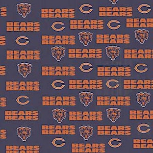 May include: A navy blue fabric with a repeating pattern of orange bears, the word "BEARS", and the Chicago Bears logo.