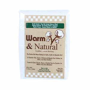 May include: A white package of Warm & Natural needled cotton batting. The package is labeled with the product name, size, and instructions for use. It is made in the USA.