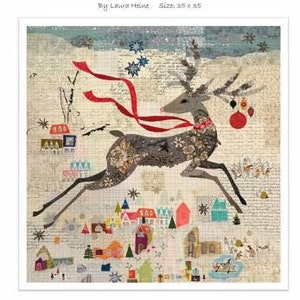 May include: A whimsical illustration of a reindeer running through a snowy village scene. The reindeer is gray with a red scarf and a bell. The village is made up of small, colorful houses with white roofs. The background is a light blue sky with white snowflakes.