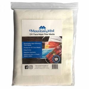 May include: A white package containing a roll of white fabric labeled "Mountain Mist DIY Face Mask Filter Media". The package includes a description of the product, including its breathability, high-efficiency, and machine washability. It also states that the fabric measures 24 inches by 3 yards.