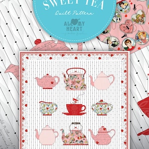 Könnte beinhalten: Ein Quiltmuster mit dem Titel "Sweet Tea" von Riley Blake Designs. Das Muster zeigt eine Vielzahl von Teekannen und Teetassen in einem rosa und roten Farbschema. Das Muster stammt aus der Kollektion "All My Heart".