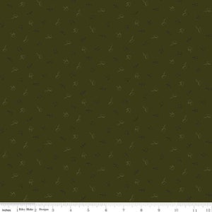May include: Dark olive green fabric featuring a repeating pattern of small gardening tools in light and dark grey. The tools, including shovels and rakes, are subtly textured. Suitable for craft projects, the fabric has a muted, earthy tone.