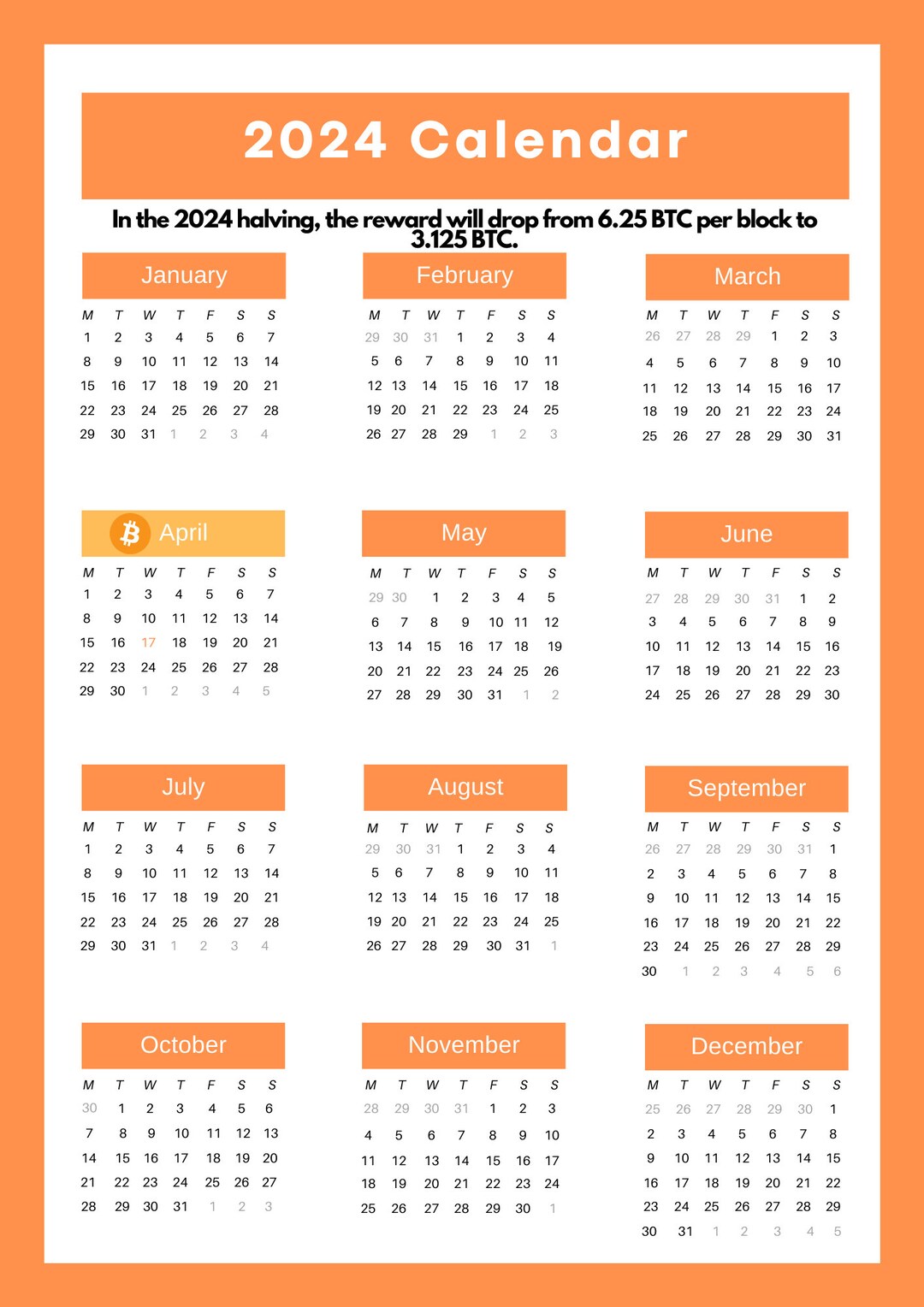 Bitcoin Printable Calendar 2024 Halving Etsy