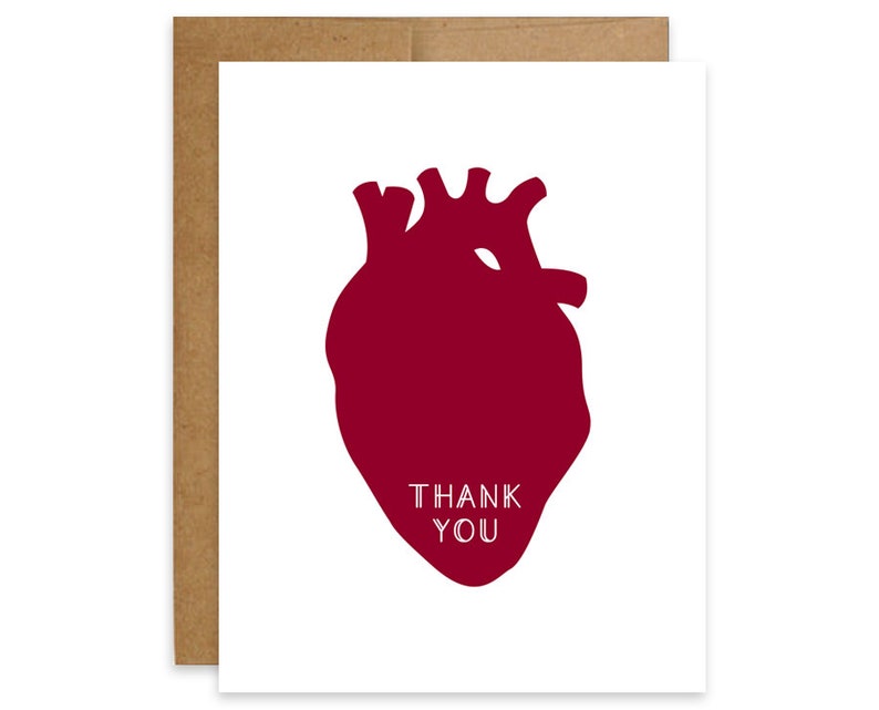 Thank You Card, Friendship Card, Love Card, Anatomical Heart, Appreciation Thank You From the Bottom of My Heart, Red image 1