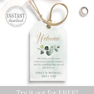 Greenery welcome tags Wedding tag template Greenery Custom tags download Greenery gold wedding tag Gold wedding favor tags #wd04