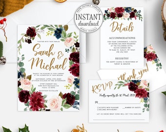 Floral Wedding Invitation template, Burgundy Wedding set, INSTANT DOWNLOAD, Printable Template #wd07