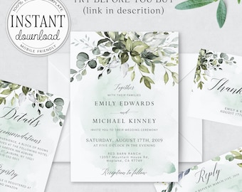 Greenery wedding invitation template Bohemian Wedding invitation Printable invites set Wedding invitations set INSTANT DOWNLOAD Corjl #wd04a