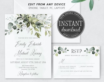 Greenery Wedding Invitation template - Printable Wedding invitations - Boho Eucalyptus set INSTANT DOWNLOAD - Printable Template #wd04