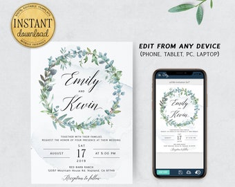 Greenery Wedding Invitation Template, Wedding invitation printable, Eucalyptus invite, INSTANT DOWNLOAD, Editable wedding invite Boho #wd03