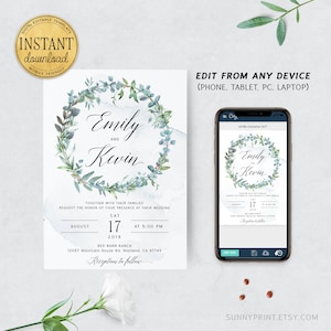 Greenery Wedding Invitation Template, Wedding invitation printable, Eucalyptus invite, INSTANT DOWNLOAD, Editable wedding invite Boho #wd03