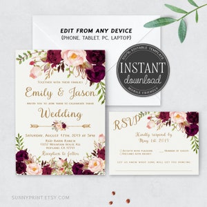Burgunderrote Hochzeitseinladung - Florale Hochzeitseinladungsvorlage - Druckbare Einladungen und rsvp-Karten-Set, Gold INSTANT DOWNLOAD, Corjl #sd18b