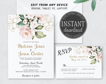 Blush Gold Wedding Invitation, Fully Editable Wedding Invitation Suite, Printable Invitation, INSTANT DOWNLOAD Invitation Set, Corjl, #wd05