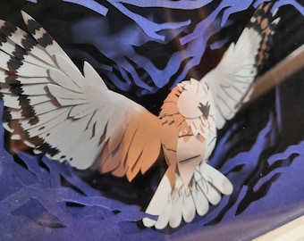 White Night. Framed Paper Cut Owl Sculpture.