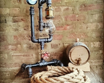Industrial Pipe Lamp – Steam Gauge, Antique Brass Valve