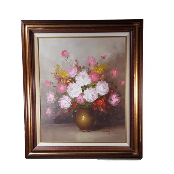 Large Floral Painting Framed on Canvas, Vintage Wall Art, Vintage Painting, Floral Painting for Living Room, Large Painting Original