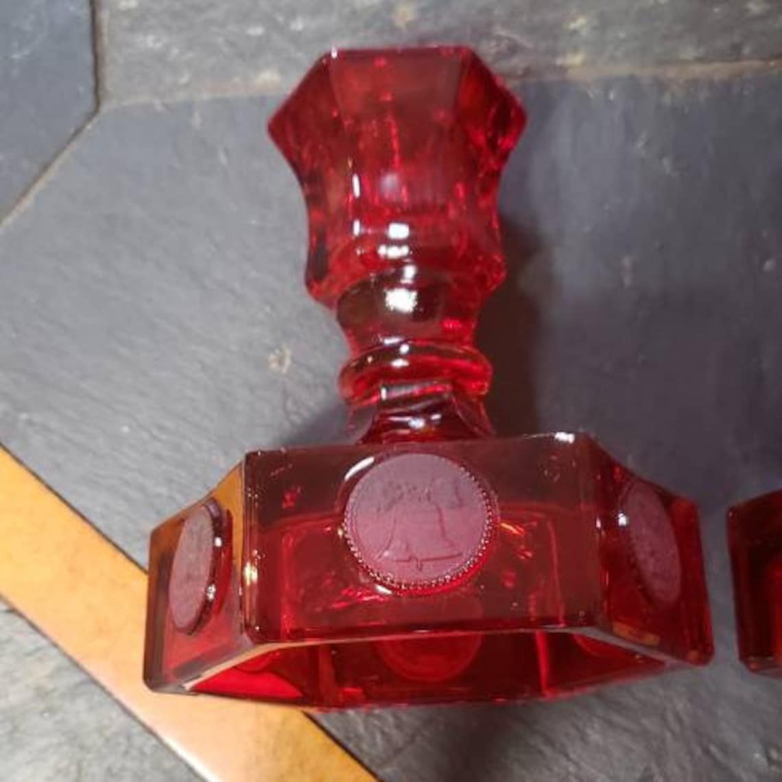 Vintage Red Glass Candle Holders, Heavy Red Candle Bases, Red Coin