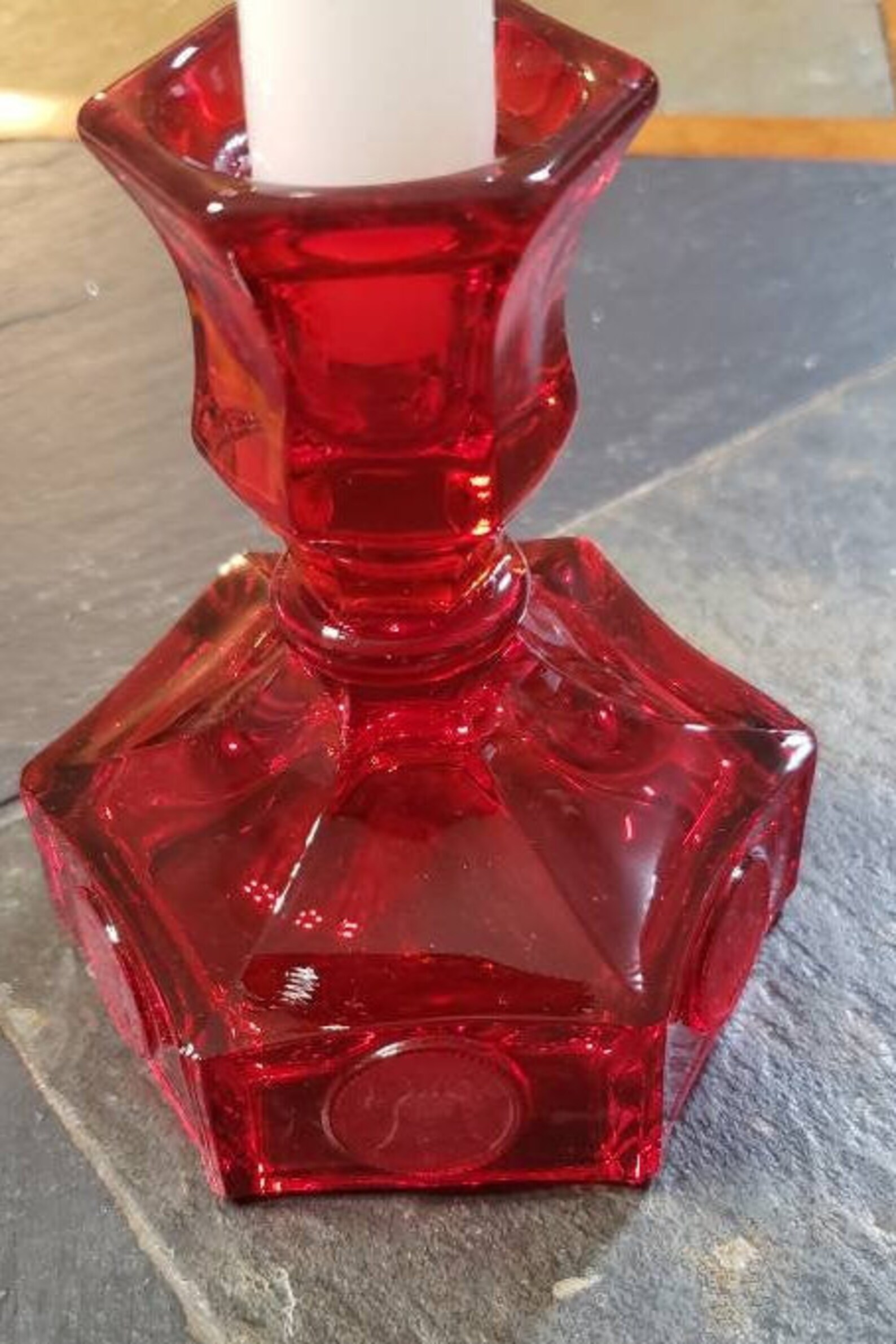 Vintage Red Glass Candle Holders, Heavy Red Candle Bases, Red Coin