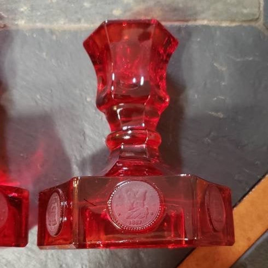 Vintage Red Glass Candle Holders, Heavy Red Candle Bases, Red Coin
