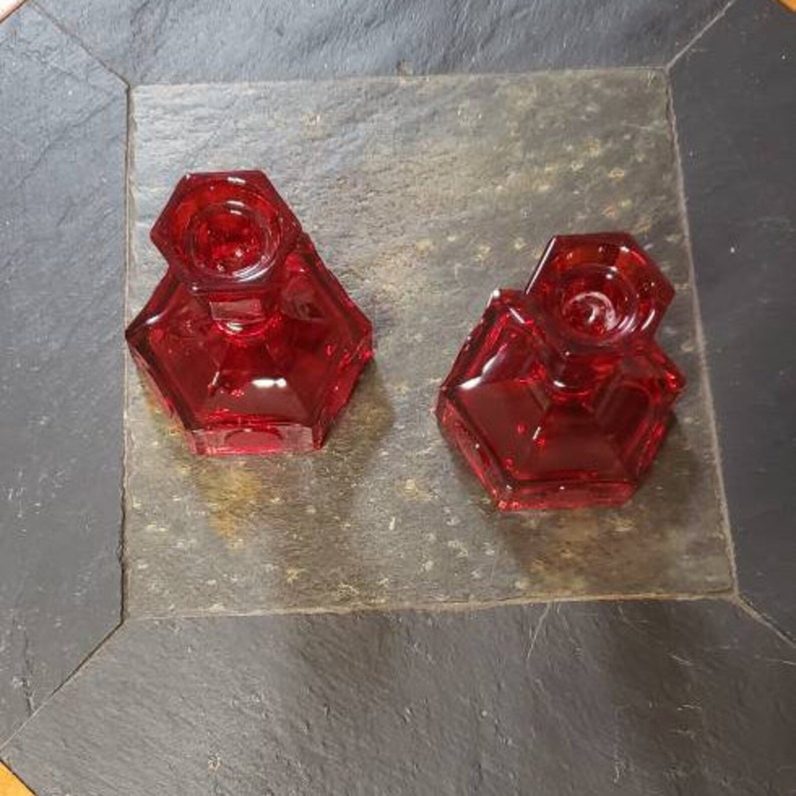 Vintage Red Glass Candle Holders, Heavy Red Candle Bases, Red Coin