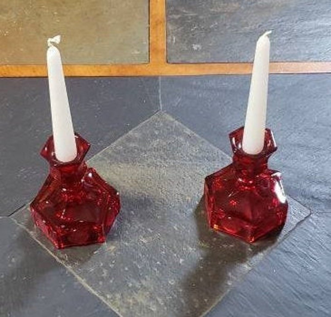 Vintage Red Glass Candle Holders, Heavy Red Candle Bases, Red Coin