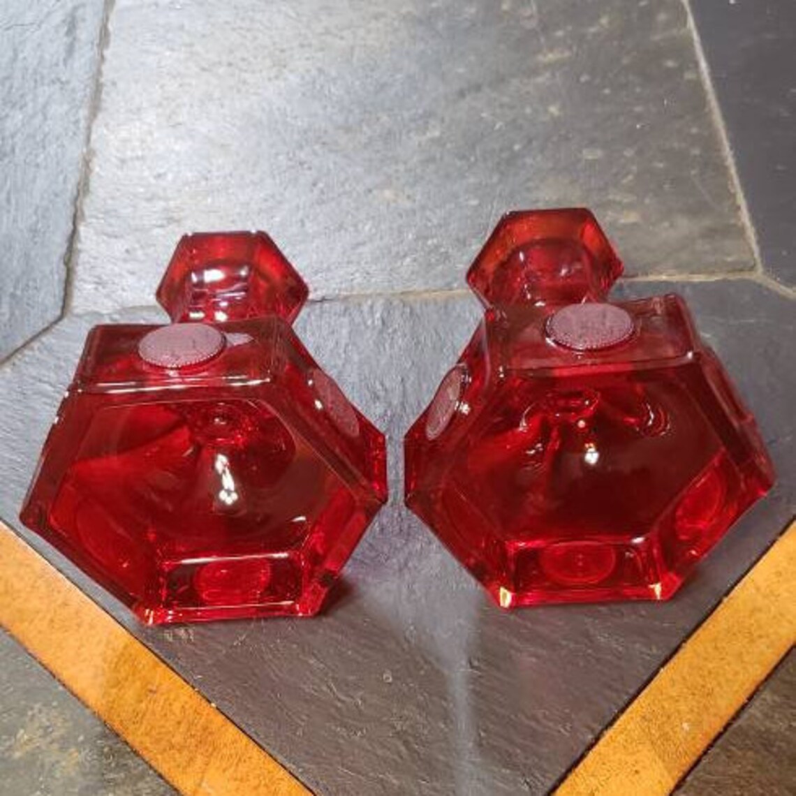 Vintage Red Glass Candle Holders, Heavy Red Candle Bases, Red Coin