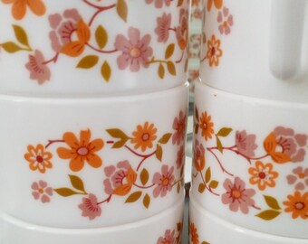 6 vintage coffee cups opaline pattern pink orange flowers, brown foliage, brand ARCOPAL FRANCE. Format compatible with espressos
