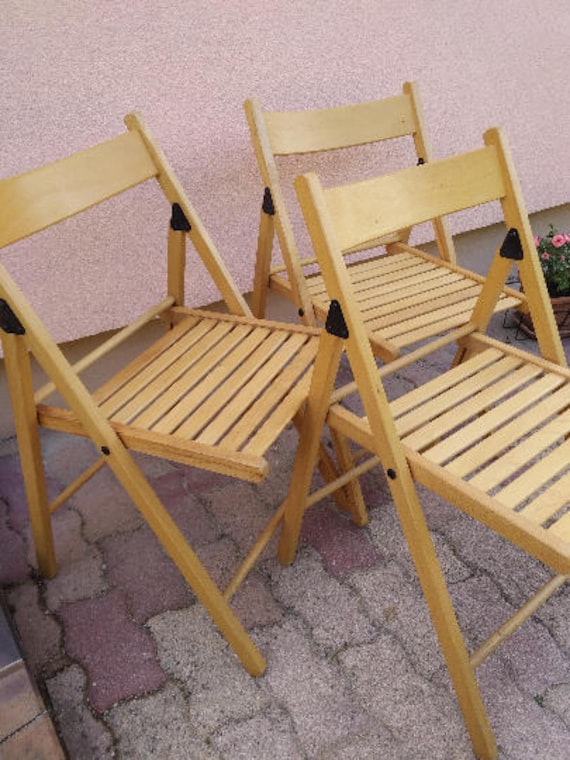 Lot De 3 Chaises De Jardin Vintage En Bois Blond Verni Salon Etsy