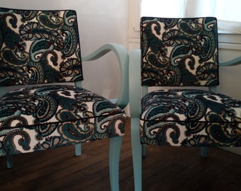 Pair of vintage bridge chairs redone in nine traditional seat with arms and feet sky blue and fabric paint matching Velvet