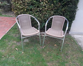 Pair of garden chairs in reinforced scoubidou, powder pink color, metallic gray tubular structure, Macorest brand