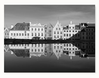 Tallinn Old Town Reflection, Minimalist Wall Art, City, Black And White Photo, Rainy Day in Estonia, Fine Art, World travel, Architecture