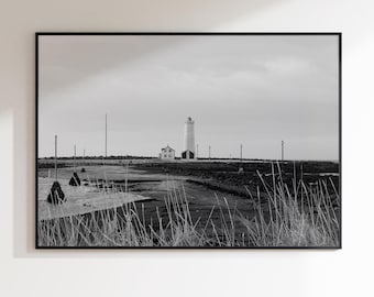 Black and White Iceland Lighthouse Photo Print, Minimalist Coastal Landscape, Nordic Wall Art, Fine Art Photography 'Edge of Stillness'