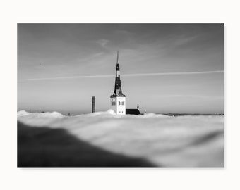 Tallinn Old Town, Floating Towers, Estonia Photography Print, Minimalist, City, Black And White Photo, Travel, Architecture, Skyline, Church