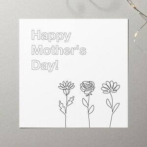 Tarjeta imprimible para el Día de la Madre, con flores, sencilla, bonita, para colorear, ideal para niños.
