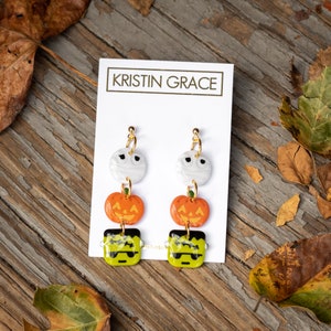 Handmade Polymer Clay Monster Dangle Earrings, Halloween Mummy Pumpkin Frankenstein