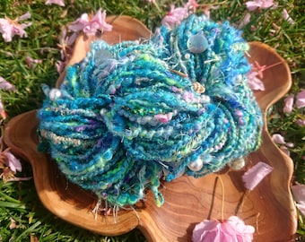 Handspun mermaid fairy art yarn pastel uv reactive shells sequins fairytale faerie