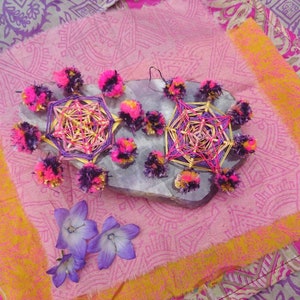 Teeny ojo de dios god&#39;s eye mandala earrings with pom poms (uv reactive)