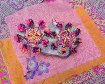 Teeny ojo de dios god&#39;s eye mandala earrings with pom poms (uv reactive)