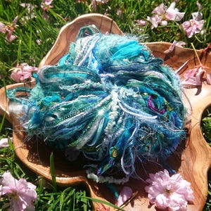 Ocean waves fairy mixed art yarn and fiber bundle 2.5m x 23. recycled sari silk, sequins, creative weaving