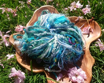 Ocean waves fairy mixed art yarn and fiber bundle 2.5m x 23. recycled sari silk, sequins, creative weaving