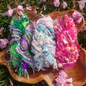 Fairytale mixed art yarn and fiber x 3 bundles. recycled sari silk, sequins, creative weaving