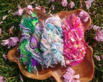 Fairytale mixed art yarn and fiber x 3 bundles. recycled sari silk, sequins, creative weaving