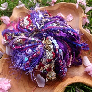 Midnight mystic - mixed art yarn and fiber bundle 4m x 13. recycled sari silk, sequins, creative weaving