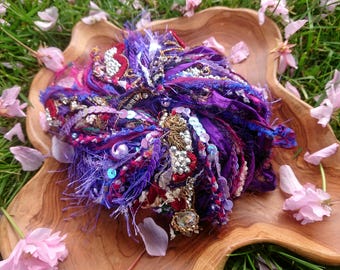 Midnight mystic - mixed art yarn and fiber bundle 4m x 13. recycled sari silk, sequins, creative weaving
