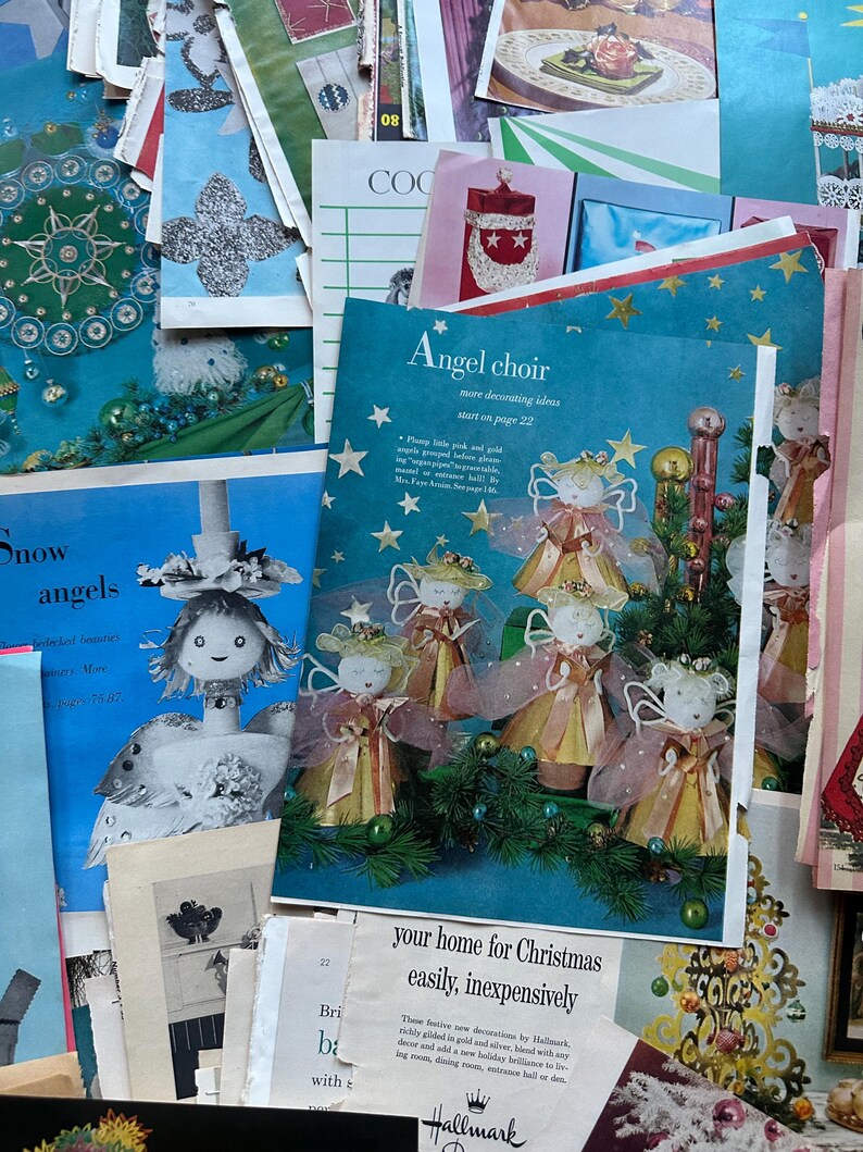 May include: A collection of vintage Christmas craft and decorating ideas, including a page with instructions for making angel ornaments, a page with a Hallmark logo and the text "your home for Christmas easily, inexpensively", and a page with a blue background and the text "Angel choir more decorating ideas start on page 22".