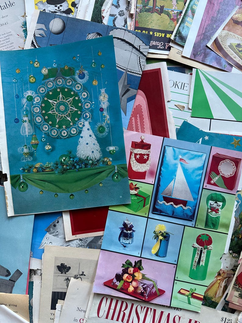 May include: A collection of vintage Christmas craft and gift wrapping ideas. The image features a variety of paper crafts, including a paper sailboat, a paper Christmas tree, and a paper box with a star on top. The image also includes a variety of other Christmas decorations, such as a paper snowflake, a paper bell, and a paper star.