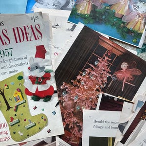 May include: A collection of vintage Christmas craft patterns and ideas. The patterns include a stocking, a house, a Christmas tree, and angels. The text on the page reads "1957 color pictures of and decorations you can make".