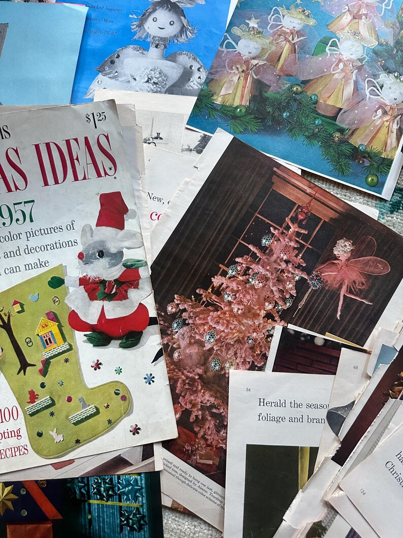 May include: A collection of vintage Christmas craft patterns and ideas. The patterns include a stocking, a house, a Christmas tree, and angels. The text on the page reads "1957 color pictures of and decorations you can make".