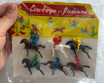 ONE (1) Set of Vintage Cowboys and Indians Plastic Toys - Hong Kong, NOS Cake Topper