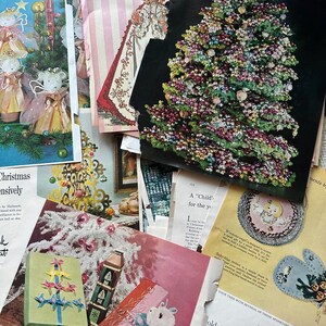 May include: A collection of vintage Christmas craft and decorating ideas from a magazine. The pages feature a variety of ornaments, including a beaded Christmas tree, a felt angel, and a paper angel. The text on the pages includes the words "Christmas project", "A 'Child' for the year", and "Your tree with several of these sparkling felt ornaments".