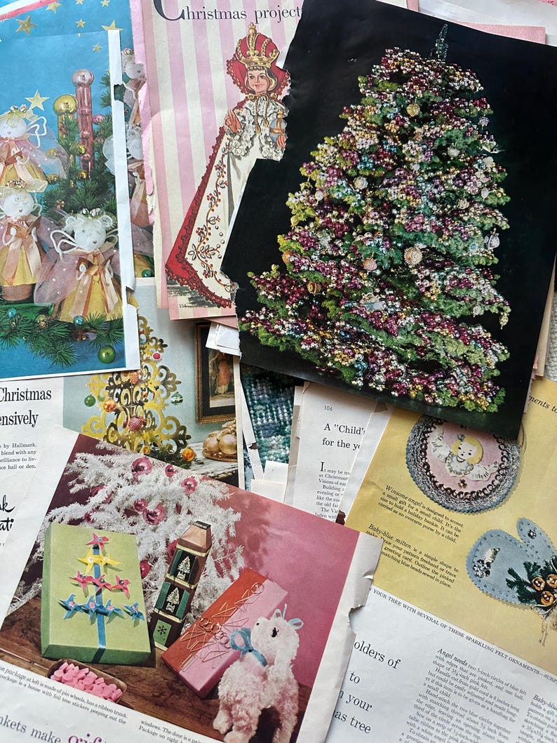 May include: A collection of vintage Christmas craft and decorating ideas from a magazine. The pages feature a variety of ornaments, including a beaded Christmas tree, a felt angel, and a paper angel. The text on the pages includes the words "Christmas project", "A 'Child' for the year", and "Your tree with several of these sparkling felt ornaments".